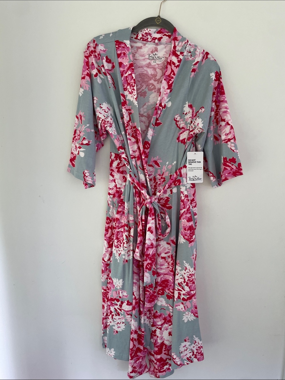 Baby Be Mine Materity Nursing Floral Wrap Robe - Gray Ground with Pink Floral Sm